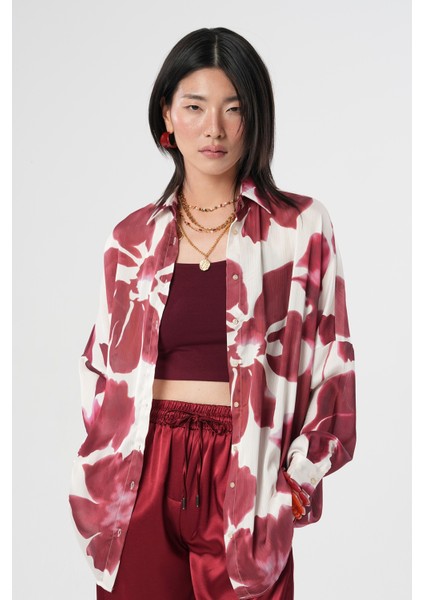 Kadın Büyük Çiçek Desenli Oversize Gömlek