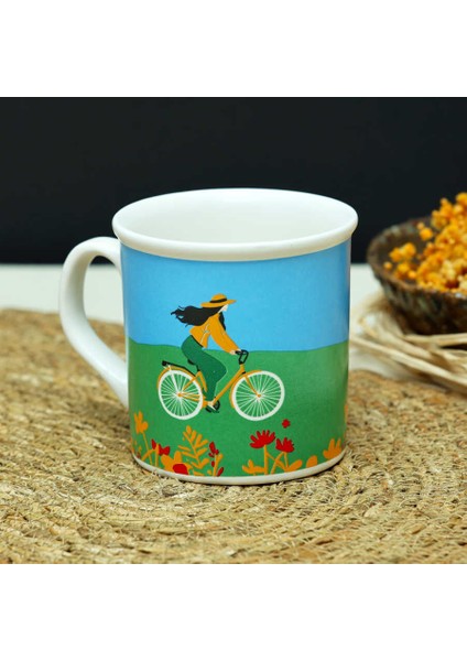 Bisiklet Desenli Mavi Yeşil Seramik Kupa