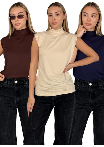 Kadın Sıfır Kol Boğazlı Body 3'lü Set