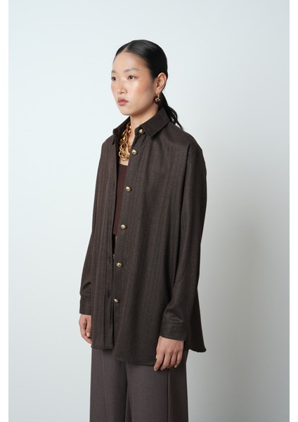 Kadın Kahverengi Düz Altın Düğme Detaylı Oversize Tesettür Gömlek fiyatları