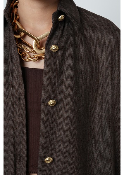 Kadın Kahverengi Düz Altın Düğme Detaylı Oversize Tesettür Gömlek modelleri