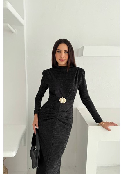 Kadın Kol Vatkalı Toka Detaylı Drapeli Maxi Elbise NBK4358