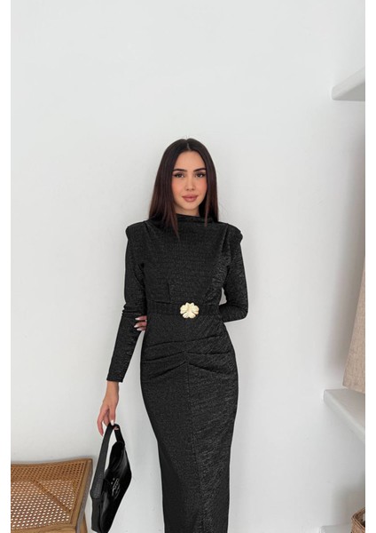 Kadın Kol Vatkalı Toka Detaylı Drapeli Maxi Elbise NBK4358 fiyatları