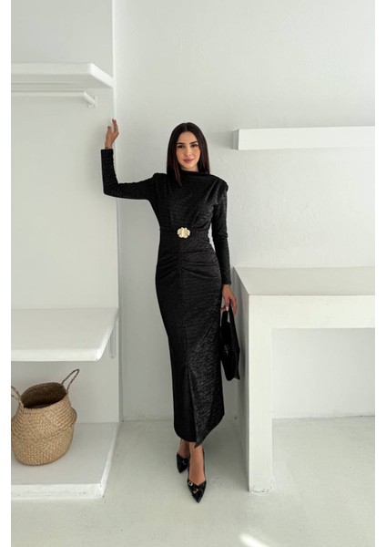 Kadın Kol Vatkalı Toka Detaylı Drapeli Maxi Elbise NBK4358 modelleri