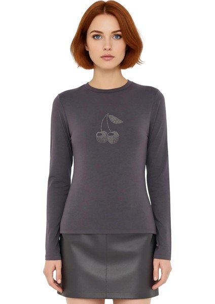 Kadın Pamuklu Esnek Örme Üst Uzun Kollu Bisiklet Yaka Kiraz Taş Işlemeli Kaliteli Şık Rahat fiyatları