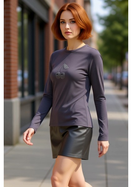 Kadın Pamuklu Esnek Örme Üst Uzun Kollu Bisiklet Yaka Kiraz Taş Işlemeli Kaliteli Şık Rahat fırsatları