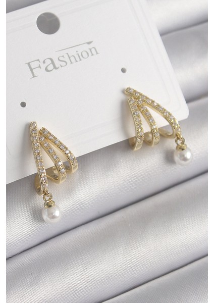 Pirinç Gold Renk Zirkon Taşlı Pençe Model Inci Detay Kadın Küpe