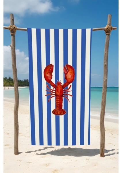 Çizgili Istakoz Desenli Pamuk Plaj Havlusu – Desenli Tasarım – 75X150 cm