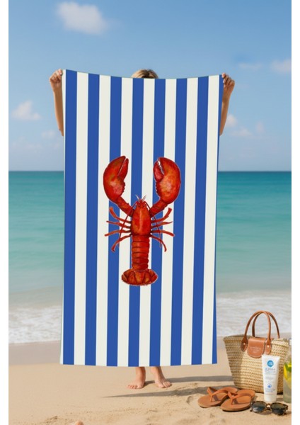 Çizgili Istakoz Desenli Pamuk Plaj Havlusu – Desenli Tasarım – 75X150 cm fiyatları