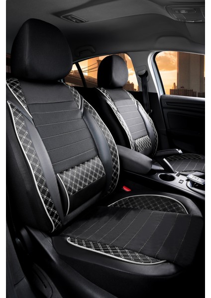 Ford Focus 4 Uyumlu Lüks Yarı Deri Bel Destekli Oto Koltuk Kılıfı Vera Series Siyah Beyaz Renk