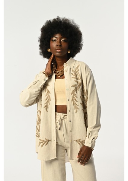 Kadın Natur Renk Kahve Işlemeli Oversize Kesim Gömlek