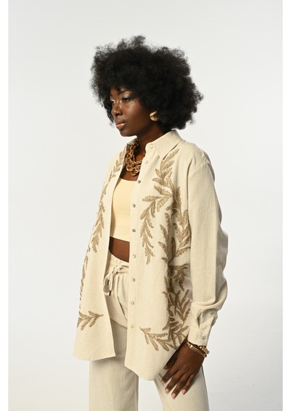 Kadın Natur Renk Kahve Işlemeli Oversize Kesim Gömlek fiyatları