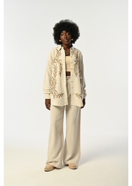 Kadın Natur Renk Kahve Işlemeli Oversize Kesim Gömlek fırsatları