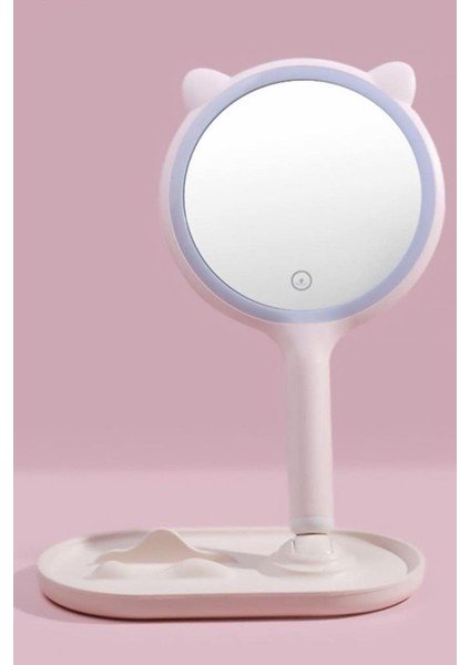 Kedi Kulaklı Telefon Standlı Yuvarlak Dokunmatik LED Ayarlı Masa Üstü Makyaj Aynası