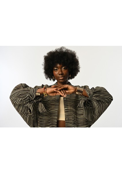 Kadın Kolları Bağlamalı Desenli Oversize Kesim Gömlek