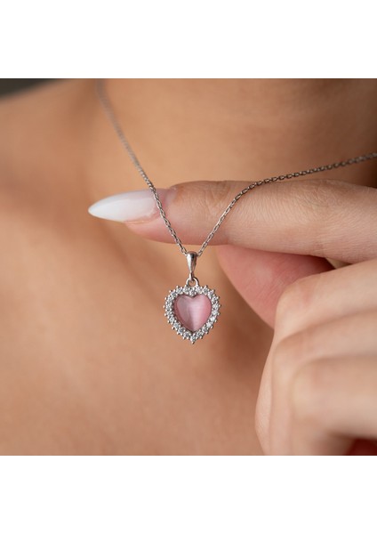 925 Ayar Gümüş Taşlı Bombeli Kedi Pembe Gözü Kalp Kolye