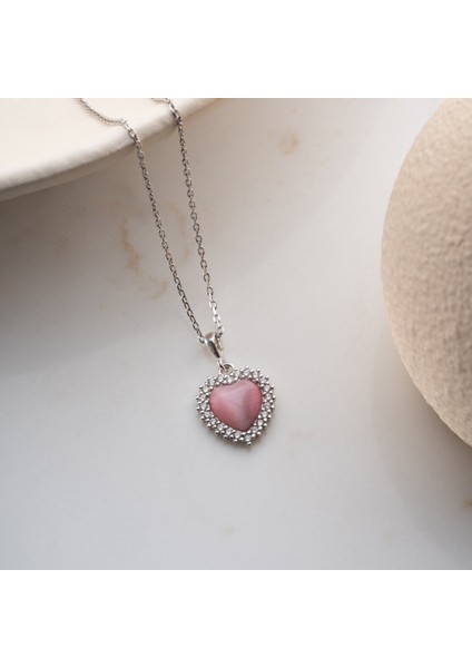 925 Ayar Gümüş Taşlı Bombeli Kedi Pembe Gözü Kalp Kolye fiyatları