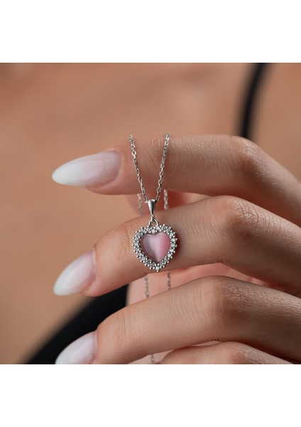 925 Ayar Gümüş Taşlı Bombeli Kedi Pembe Gözü Kalp Kolye modelleri