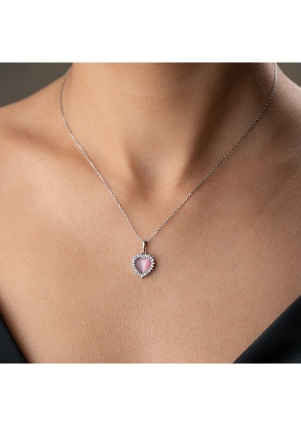 925 Ayar Gümüş Taşlı Bombeli Kedi Pembe Gözü Kalp Kolye fırsatları