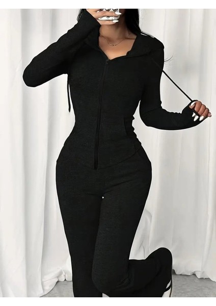 Kadın Uzun Kollu Kapşonlu Bağcıklı Önü Fermuarlı Viskon Iki Iplik Bluz ve Pantolon Ikili Takım fiyatları