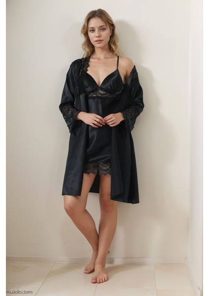 6 Parça Çeyizlik & Hediyelik Gecelik Sabahlık Pijama Takımı Kutulu Saten Set LA.L01.I1.SS010