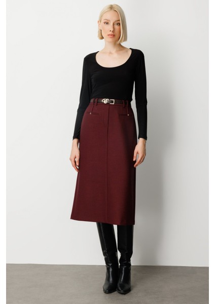 Kadın Beli Kemerli Yırtmaçlı Midi Etek 2009 Bordo