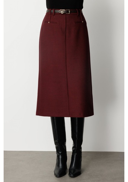 Kadın Beli Kemerli Yırtmaçlı Midi Etek 2009 Bordo fiyatları