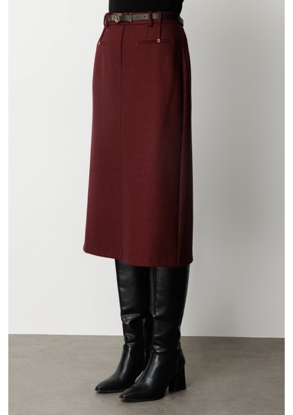 Kadın Beli Kemerli Yırtmaçlı Midi Etek 2009 Bordo modelleri