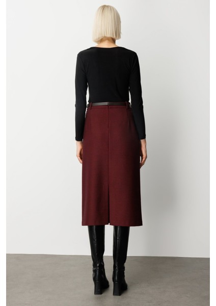 Kadın Beli Kemerli Yırtmaçlı Midi Etek 2009 Bordo fırsatları