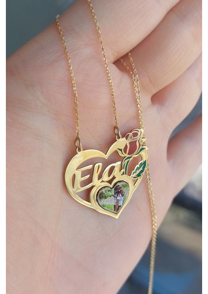 925 Ayar Gümüş 24 Ayar Altın Kaplama Resimli ve Isimli Kalpli Gül Kolye