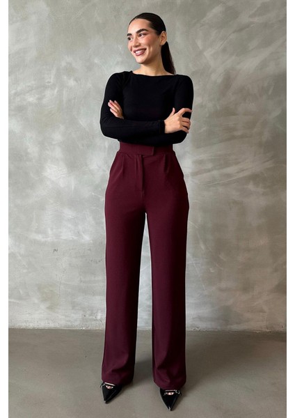 Bordo Likralı Cırt Kapamalı Palazzo Pantolon MG2291
