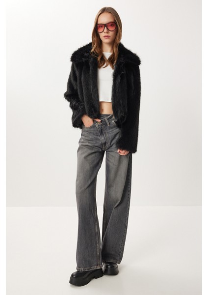 Kısa Suni Kürk Kaban LXA0002 Siyah fırsatları