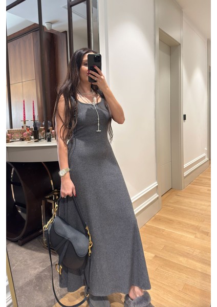 Kloş Askılı Örme Elbiseli Bluz Takım- Antrasit modelleri