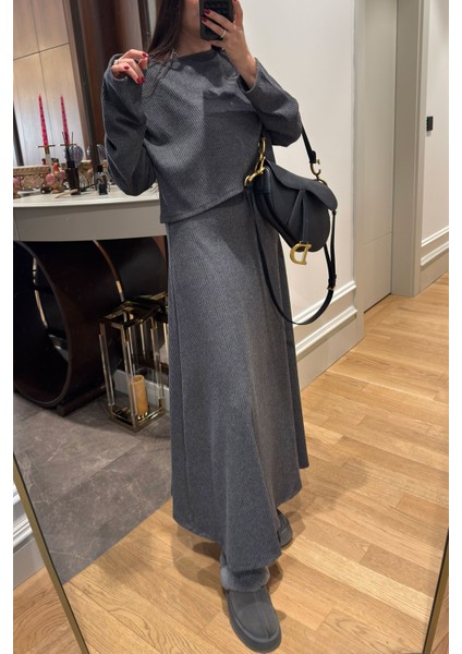 Kloş Askılı Örme Elbiseli Bluz Takım- Antrasit fırsatları