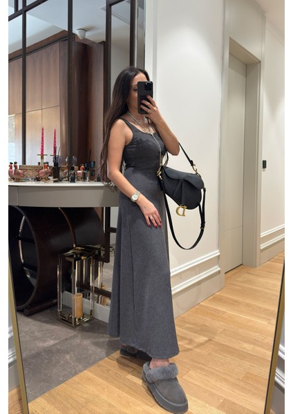 Kloş Askılı Örme Elbiseli Bluz Takım- Antrasit indirimleri