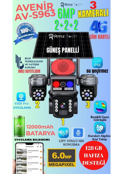 Yeni AV-S963 3 Kameralı 6mp Güvenlik Kamerası – Çift Yönlü Ses, Polis Çakarlı, Kişi Algılama