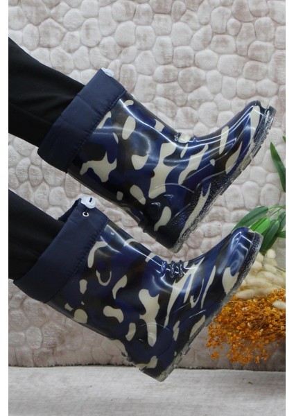 7061 Lacivert Kamuflaj Içi Peluşlu Su Geçirmez Erkek Çocuk Kar Yağmur Çizmesi fırsatları