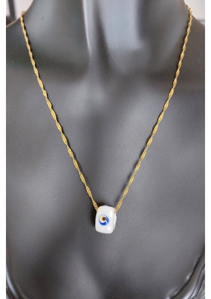 925 Ayar Gümüş 24 Ayar Altın Kaplama Nazar Boncuklu Singapur Zincir