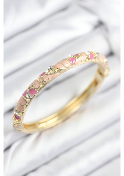 Mineli Pirinç Zirkon Taşlı Pembe Çiçek Motifli Gold Kadın Kelepçe