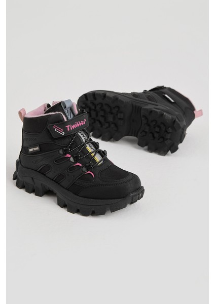 Çocuk Unisex Siyah Pudra Kalın Kauçuk Taban Lastik Bağcıklı Cırtlı Outdoor Trekking Bot