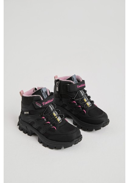 Çocuk Unisex Siyah Pudra Kalın Kauçuk Taban Lastik Bağcıklı Cırtlı Outdoor Trekking Bot modelleri