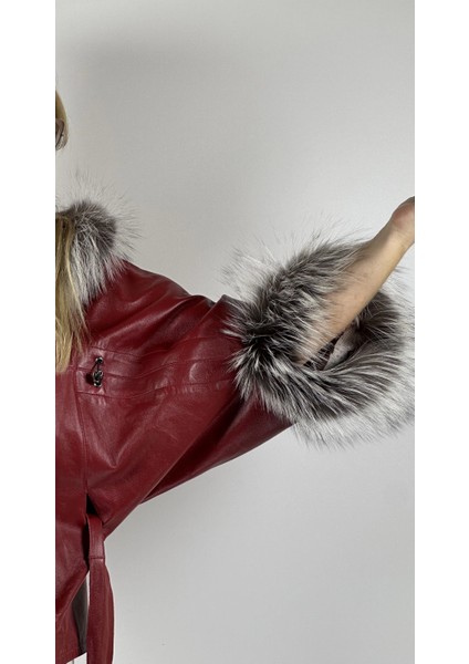 Çift Taraflı Giyilebilir Kadın Deri Mont Yarasa Model