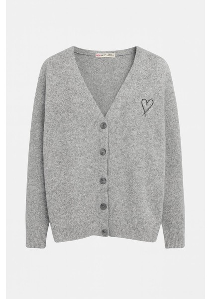 6953 Kadın Oversize Yün Karışımlı Premium Kalp Nakışlı Hırka Koyu Gri