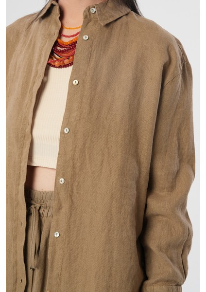 Kadın %100 Keten Yanları Düğme Detaylı Gömlek fiyatları