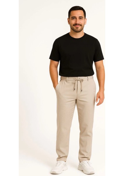 Erkek Diagonel Mikro Dokulu Cepli Pantolon - Bej
