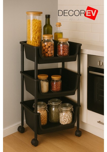 3 Katlı Tekerlekli Plastik Organizer Raf – Çok Amaçlı Mutfak, Banyo ve Ofis Düzenleyici (Siyah)