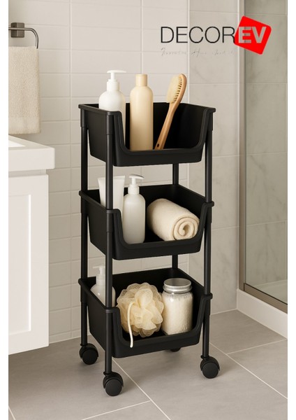 3 Katlı Tekerlekli Plastik Organizer Raf – Çok Amaçlı Mutfak, Banyo ve Ofis Düzenleyici (Siyah) modelleri