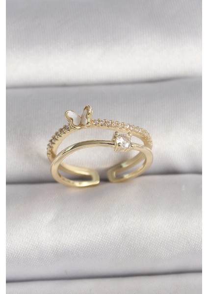 Pirinç Gold Renk Zirkon Taş Detaylı Kelebek Figür Ayarlanabilir Yüzük