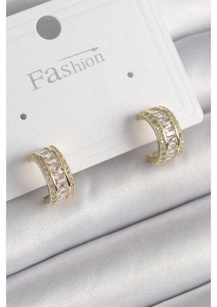 Pirinç Gold Renk Zirkon Taşlı Halka Model Kadın Küpe