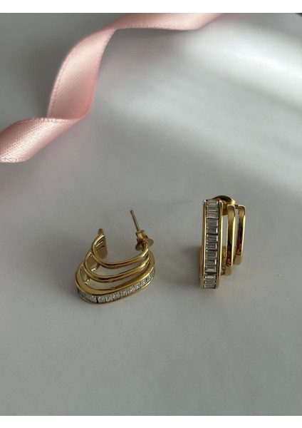 Üçlü Görünüm Baget Taş Detay Zarif Gold Çelik Küpe fiyatları